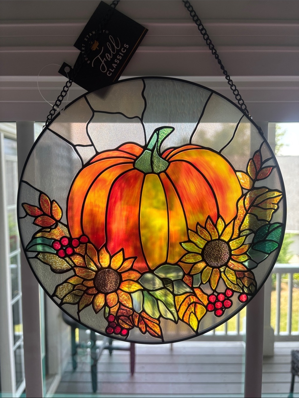 Hobby Lobby Pumpkin & Sunflowers Round Stained Glass Wall/Window decor,chain